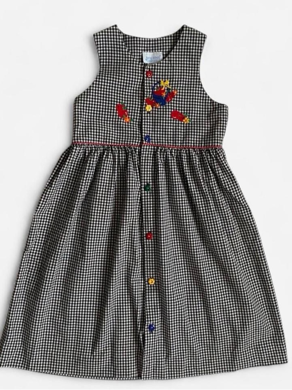 Vintage girls black & white check colorful apple floral sleeveless cotton dress